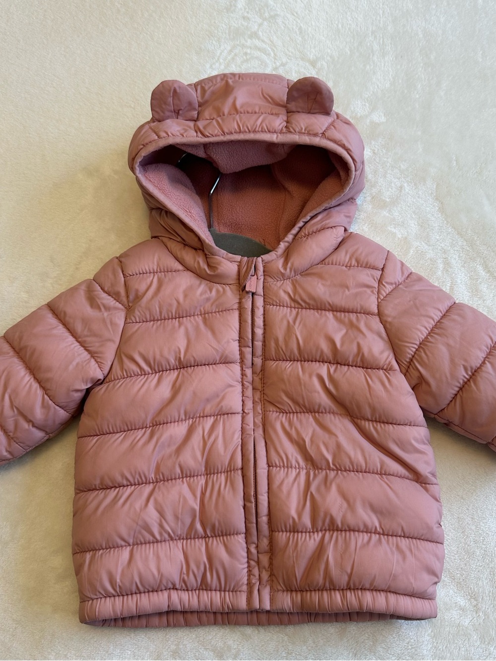 Old Navy Light Pink Baby Hooded Puffer with Ear Details - Size 3-6M
